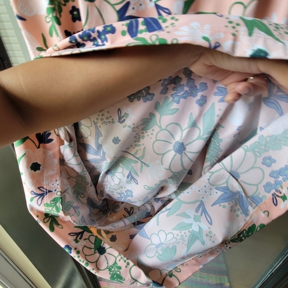 KATHERINE WAY Floral Mini Gold Dress Stretchy Short Sleeves XS Pockets Pink - Picture 6 of 11